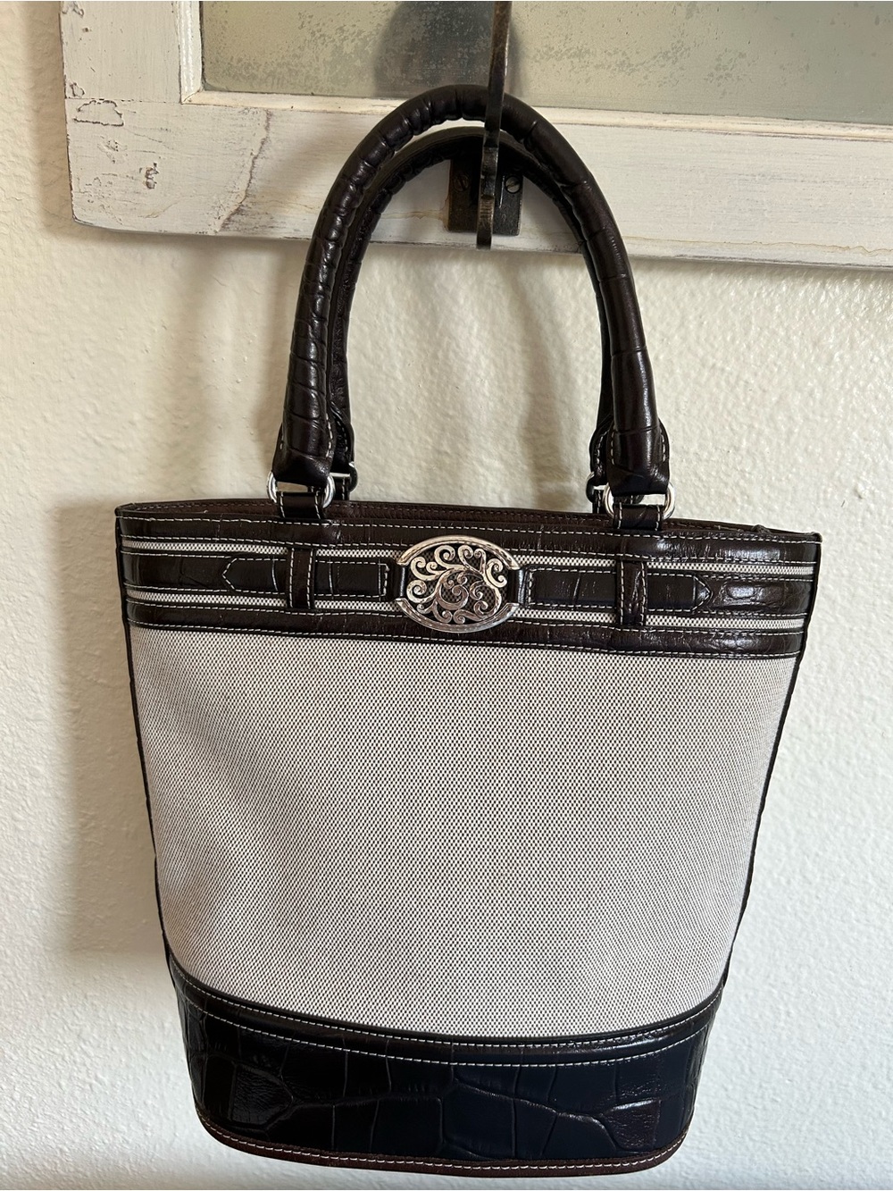Brighton Woven Canvas Tote Brown Croc Leather Trim EEUC Dust Bag Included